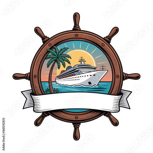 A vintage nautical emblem with a ship's wheel framing a cruise ship at sunset, with a blank banner for your text vector illustration