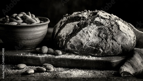 Rustic black and white still life of a loaf of artisan bread and almonds. A dark, textured wooden surface serves as the backdrop for a rustic clay bowl filled with almonds, 