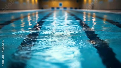 Morning sunlight streams into the indoor swimming pool, casting captivating reflections on the tranquil waters. Swimmers practice strokes, creating gentle ripples in the clear blue.
