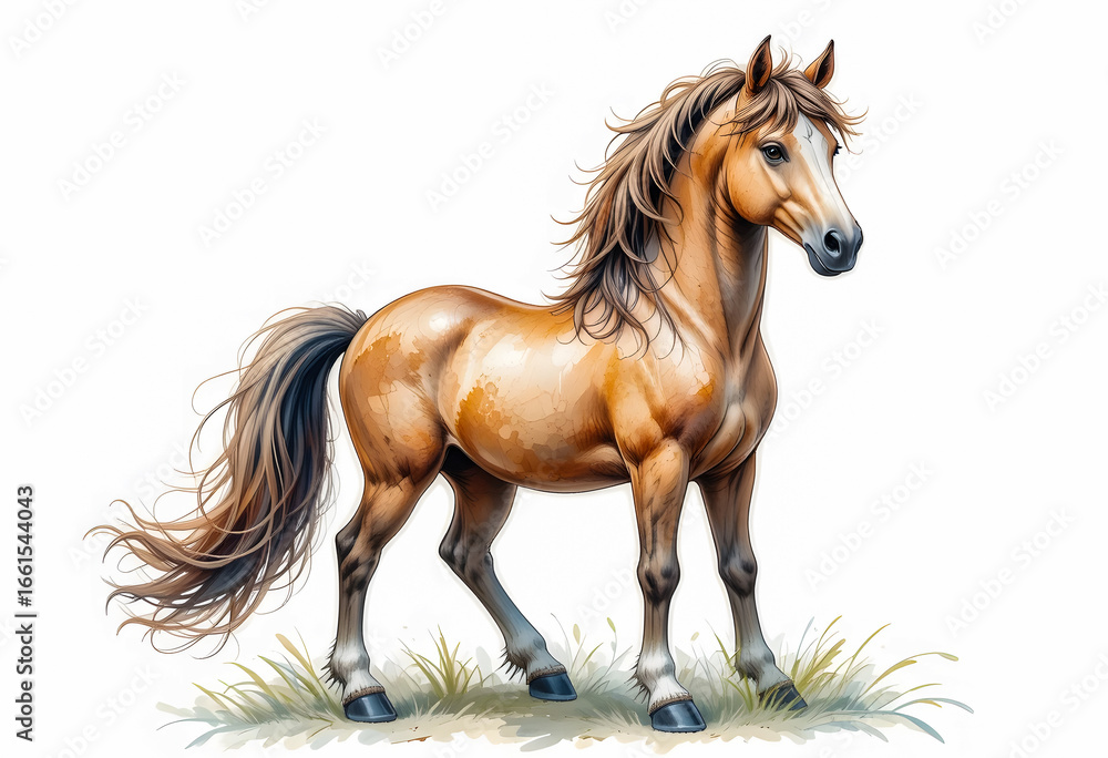 Obraz premium A majestic watercolor illustration of a proud, standing horse doll with a flowing mane and a confident stance.