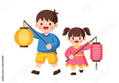 Happy Mid-Autumn Festival Kids with Lanterns