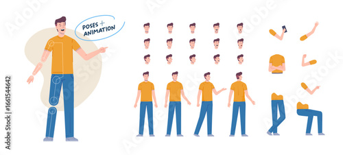 man male character for animation. Creation set with various views, face emotions, poses and gestures.