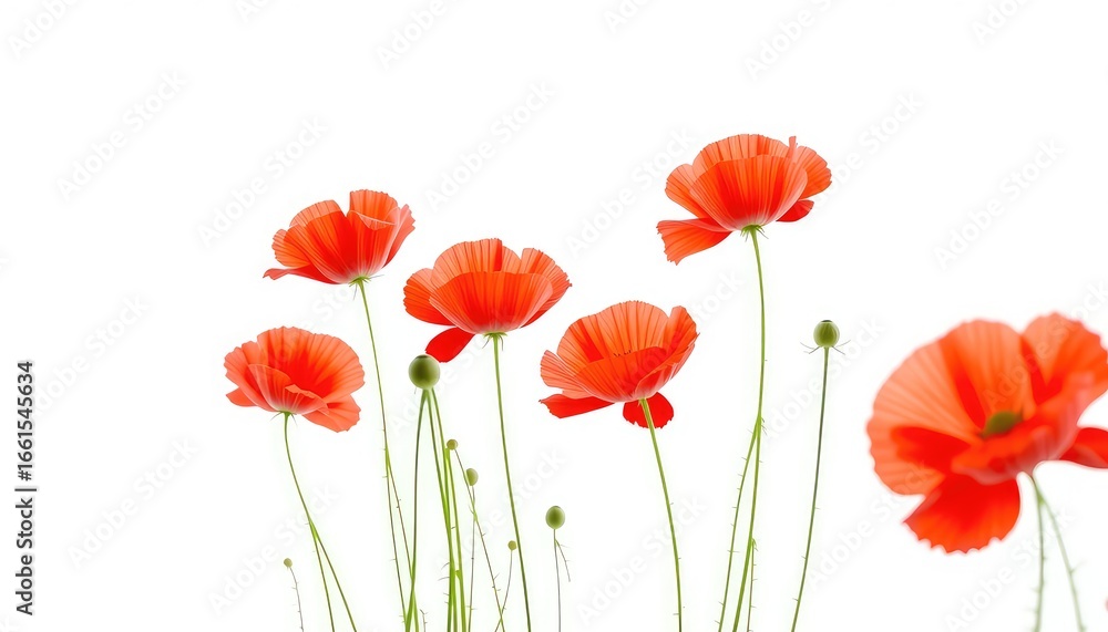 Naklejka premium Vibrant blossoms with delicate petals stretch gracefully upwards, their scarlet hues creating a striking contrast against a pristine background