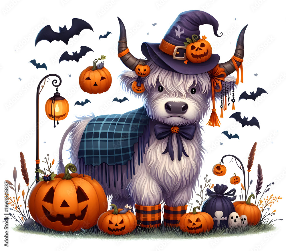 Fototapeta premium Highland Cow Witch with Many Pumpkins