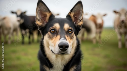 Portrait of a Farm Dog with Cattle in the Background