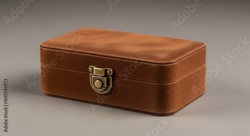 Brown Leatherette Jewelry Box with Brass Clasp on Gray Background