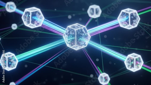 Abstract Network Visualization: Interconnected Cubes and Glowing Beams