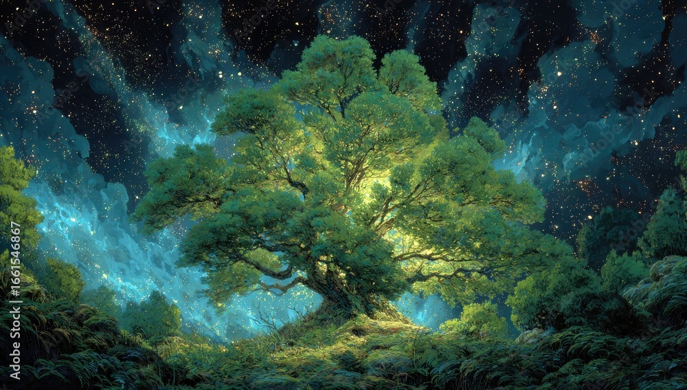 Fototapeta premium A luminous tree bathed in ethereal starlight