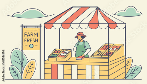 Food market worker in fish tent. Concept of selling fresh healthy food from farm on the market. Flat cartoon vector illustration
