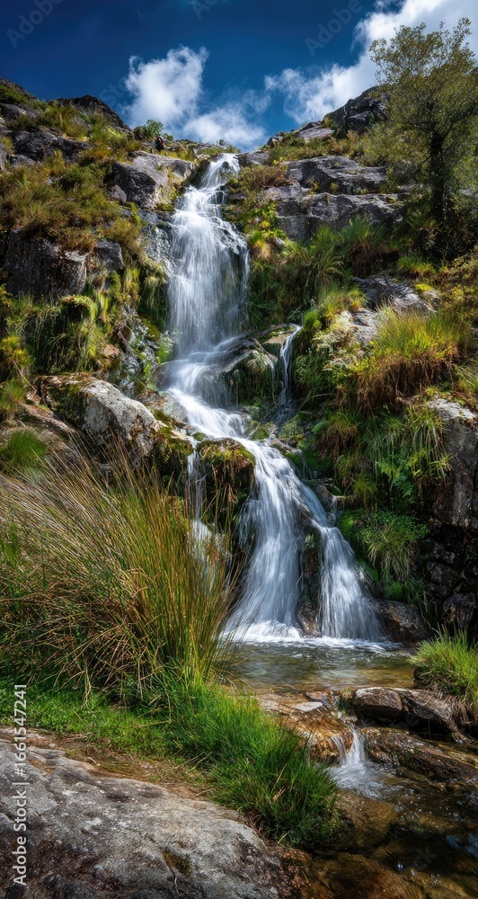 Obraz premium Cascading waterfall tumbles down rocky hillside, lush greenery surrounding