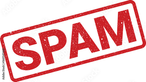 Distressed spam rubber stamp imprint with grunge texture and bold, slanted style
