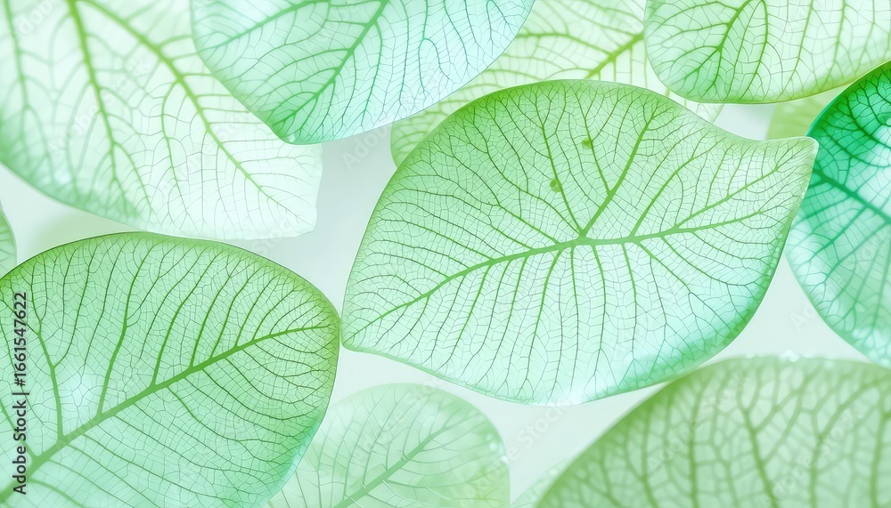 Obraz premium Delicate arrangement of light green translucent leaves displaying intricate vein patterns against a subtle backdrop