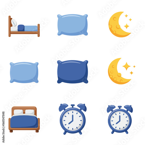 A collection of sleep-related icons including beds, pillows, clocks, and moons.