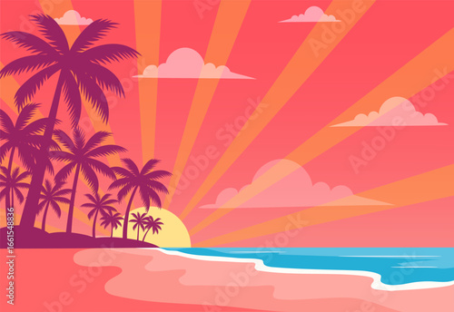 Tropical beach sunset with palm trees silhouette, golden sun rays, pink sky and ocean waves in retro summer illustration