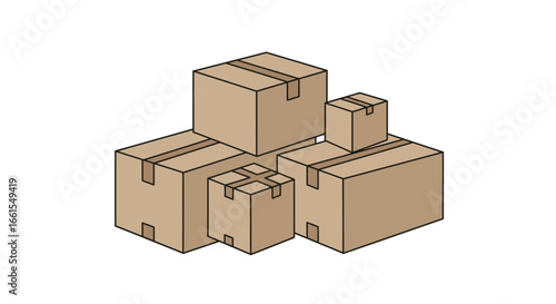 A pile of 5 brown cardboard boxes of varying sizes with tape stacked together on a white background