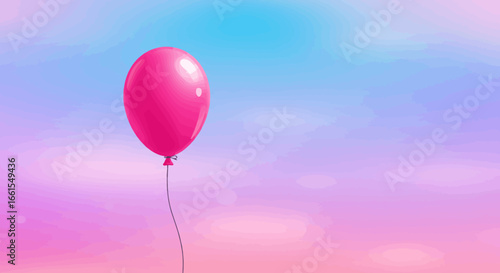 A pink balloon floats on a gradient sky