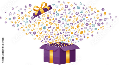 A purple gift box with an open lid and a golden bow releasing various icons