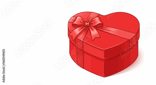 A red heartshaped gift box tied with a bow sits on a white surface
