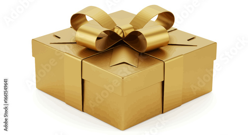 A shiny goldcolored square gift box with a matching gold ribbon and bow on top