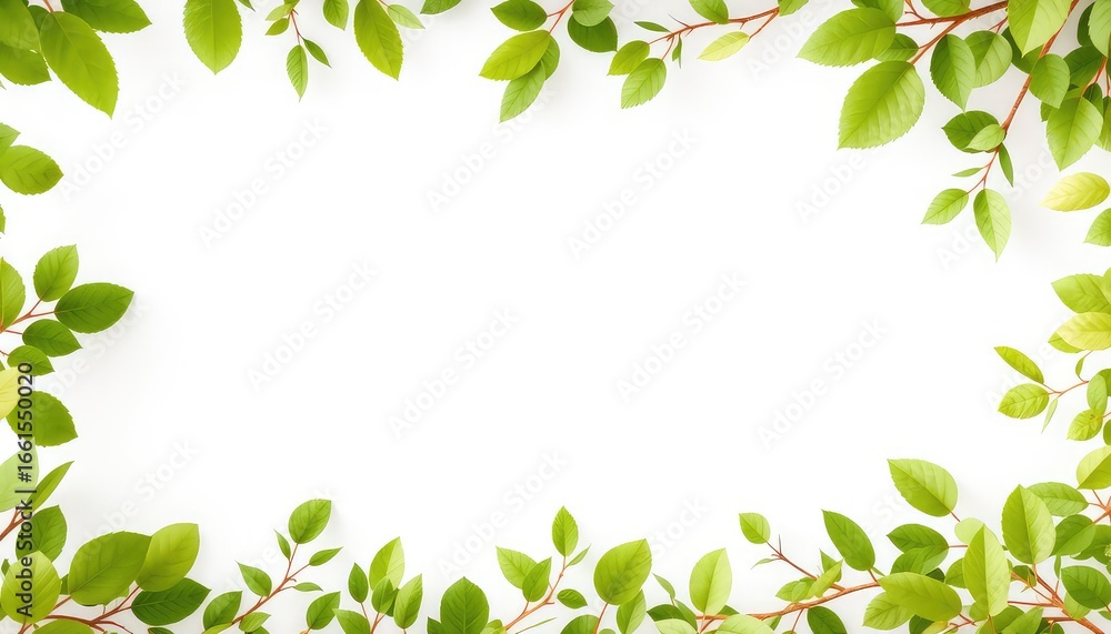 Obraz premium Bright Green Leaves and Delicate Branches Frame a Clean White Space, Suggesting Growth and Natural Beauty