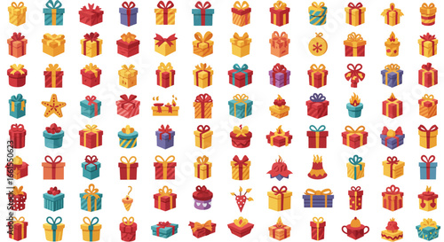 Colorful gift boxes of varying shapes and colors arranged in a grid pattern on a white background