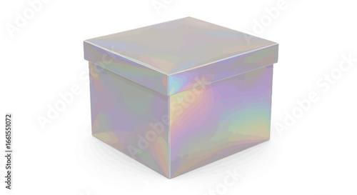 Holographic cube box on white surface closed lid iridescent colors threedimensional shape