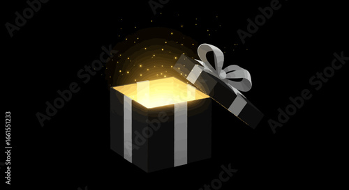 Open gift box with a white ribbon emitting a bright yellow light surrounded by sparkling specks against a dark background