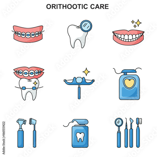 Dental care icons depicting various orthodontic tools and procedures.