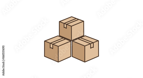 Three stacked tancolored cartoonstyle boxes with tape detail on top surfaces against a stark white background