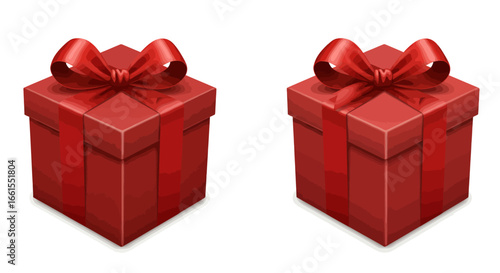Two red square gift boxes each tied with a matching bow and ribbon sit side by side on a white surface