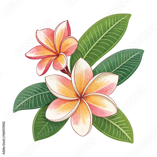 Beautiful watercolor plumeria flowers and lush green leaves floral illustration