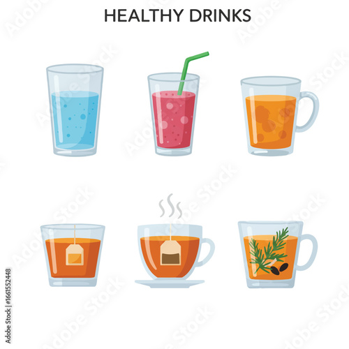 Six refreshing healthy beverage illustrations: water, smoothie, juice, tea, herbal tea.