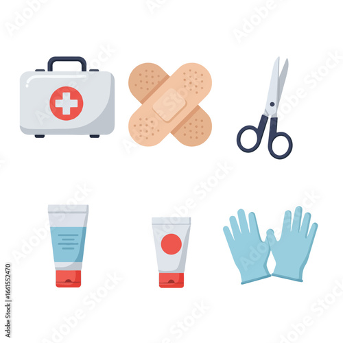 First aid kit essentials: box, bandage, scissors, antiseptic gel, cream, and gloves, arranged on a white background.
