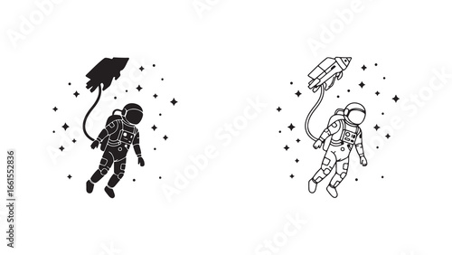 Astronaut floating in space with parachute and jetpack