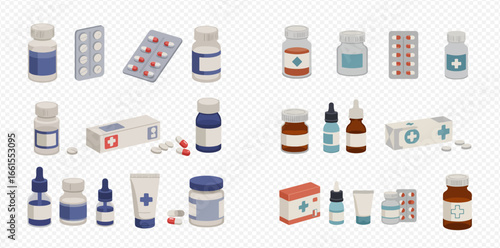 A diverse collection of pharmaceutical products, featuring various medicine bottles, blister packs, dropper vials, and cream tubes, for healthcare.