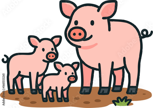 Flat vector illustration of a pig family with mother and two piglets standing on farm ground, symbolizing livestock, agriculture, childhood, and animal husbandry concepts.