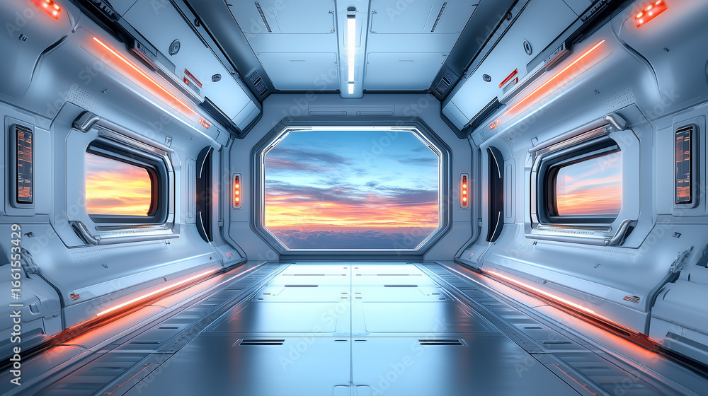 Fototapeta premium A bright futuristic spaceship corridor with a large window offers a stunning view of a colorful sunset sky.