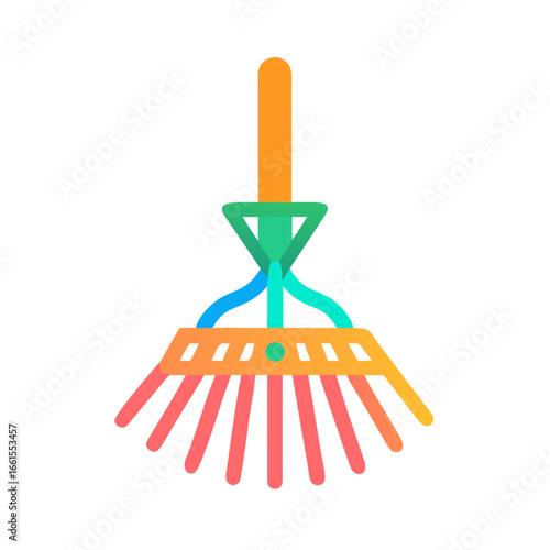 Colorful garden rake with multicolored handle in flat design  