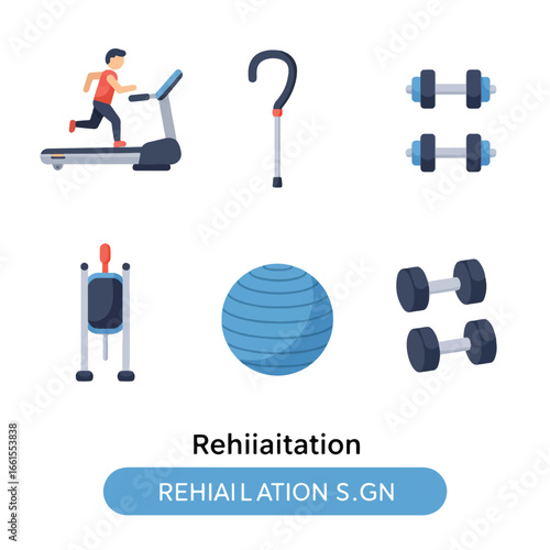 A collection of illustrated icons depicting rehabilitation exercises and equipment.