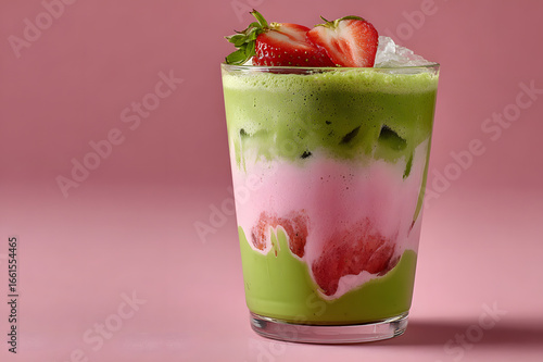 iced matcha strawberry latte. pink-green milk layer drink. romantic love for valentine drink. pastel pink background.