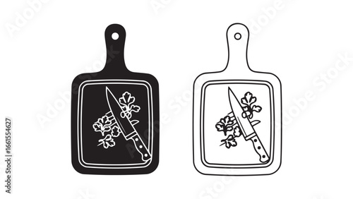 Cutting board with knife and herbs