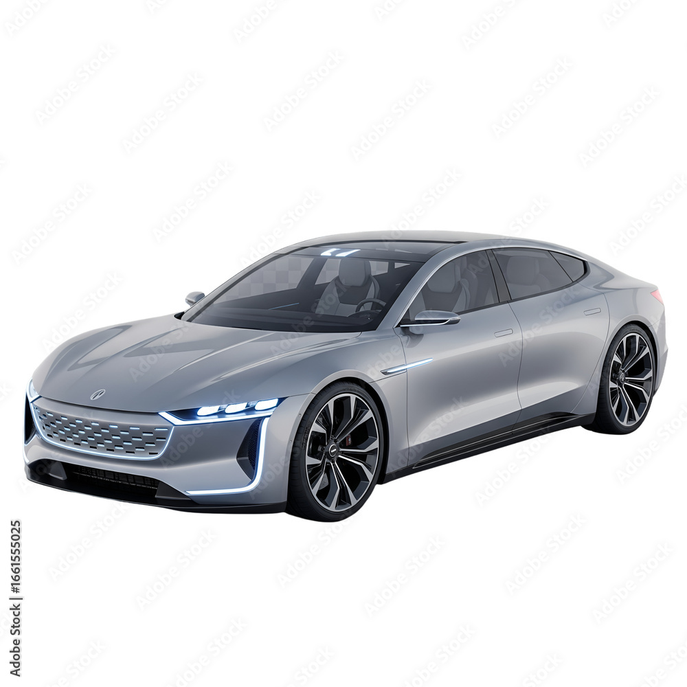Naklejka premium A 3D render of a futuristic, silver electric concept car or luxury sedan, isolated on a transparent background (PNG)