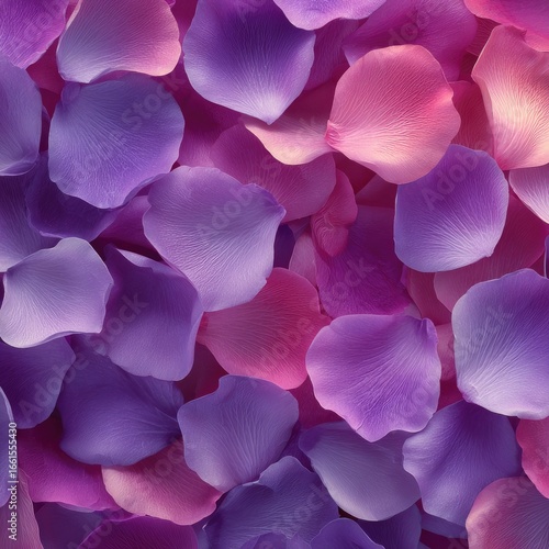 A close-up view of many rose petals in various shades of purple and pink