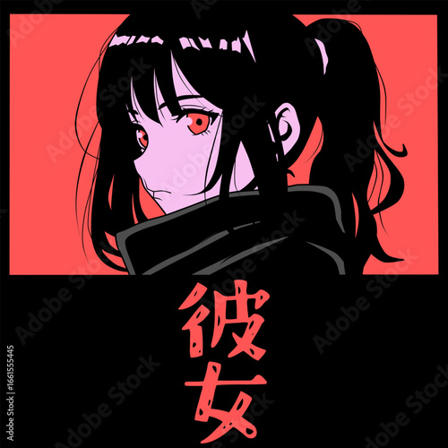 Pop art comic frame with ponytail dark-haired anime girl wearing scarf. Japanese slogan means girl. Good design for wallpaper, poster or t-shirt design