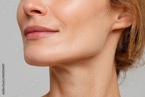 Close-up shot of a woman's chin, neck, and lips against a light gray background. For skin care product ads, anti-aging treatments, or neck lift surgery.