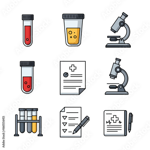 Medical icon set featuring blood samples, urine sample, microscopes, medical report, checklist and pen in a vector graphic.