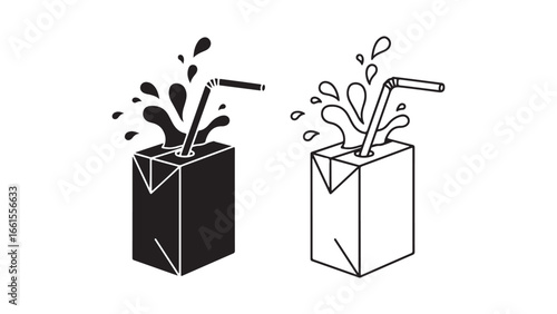 Juice box with straw and splashes, black and white