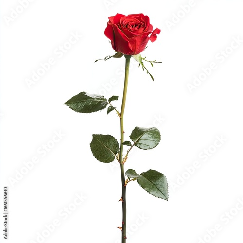 Single red rose on a long stem against white background