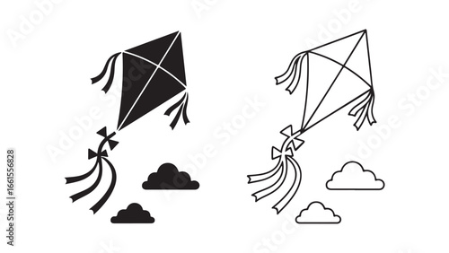 Kite flying with clouds, simple outline style
