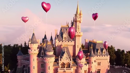 A majestic pink fairytale castle adorned with heart-shaped balloons floating against a soft, dreamy sky, evoking romance and magic.